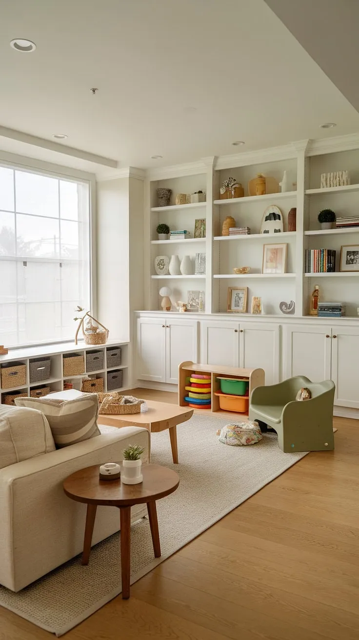 Seamlessly blending family time and playtime, this playroom family room combo boasts a clever playroom layout.  The dedicated play corner, complete with a charming green chair and smart living room toy storage, keeps toys organized while the beige sofa and wooden coffee table offer a relaxing space for adults.  This family room playroom design is the perfect example of a functional and stylish playroom living room.