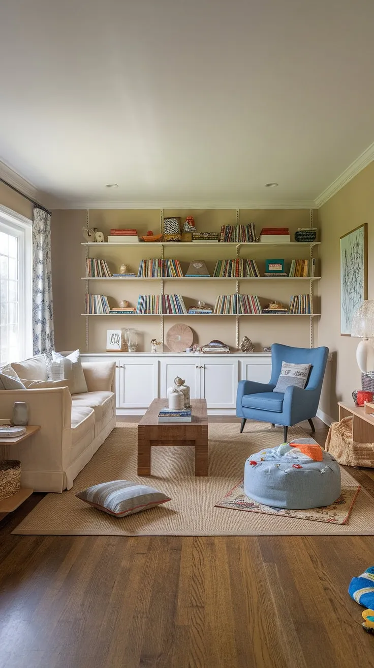 This family room playroom combo seamlessly blends relaxation and fun.  The clever playroom layout maximizes space, with a dedicated playroom area tucked neatly beside the family room.  Smart living room toy storage solutions keep things organized, while the cozy play corner invites imaginative play.  A perfect family room playroom design for effortless family living.