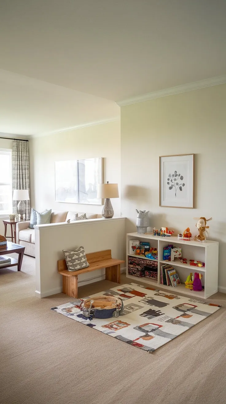This stunning playroom living room showcases a brilliant playroom layout.  The designated play corner, featuring a charming rug and bench, seamlessly integrates with the family room's comfortable seating and coffee table.  Clever living room toy storage solutions keep the space organized, while the overall family room playroom design creates a welcoming and versatile environment for the whole family to enjoy.