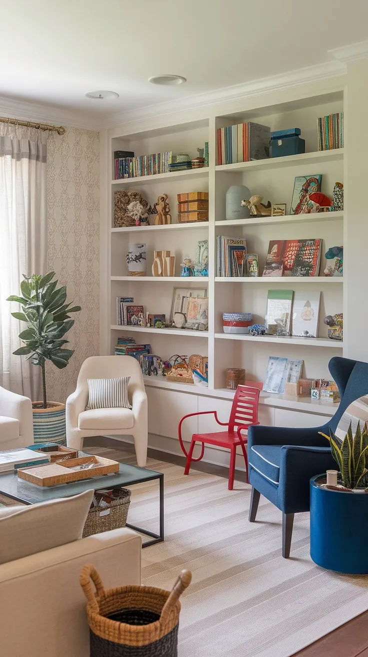This family room playroom combo seamlessly blends comfort and fun.  The clever playroom layout, with its dedicated play corner and smart living room toy storage solutions, creates a space where family time and playtime coexist effortlessly.  The thoughtful family room layout ensures everyone has their own space to relax and play.