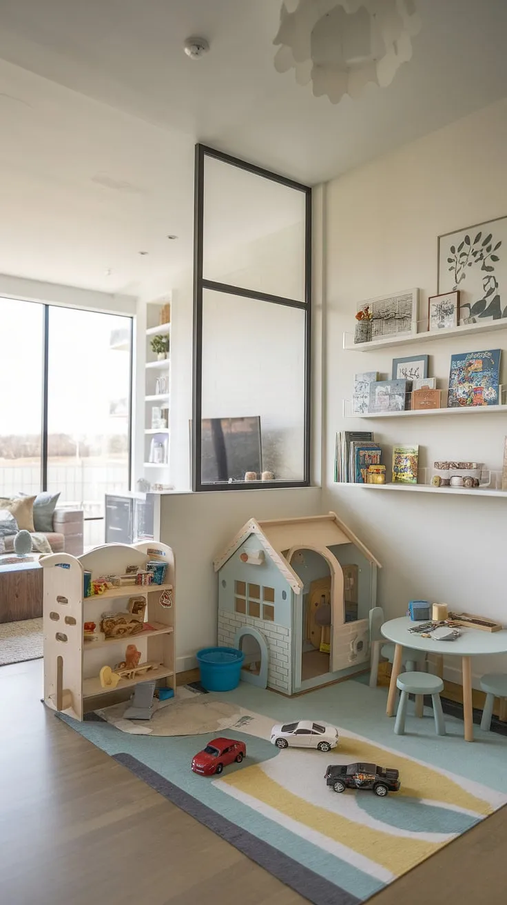 This playroom living room offers the best of both worlds.  A well-organized playroom area, featuring a delightful play corner and built-in shelving, flows effortlessly into a comfortable family room.  This family room playroom design showcases a practical playroom layout and efficient living room toy storage, creating a harmonious space for the whole family.