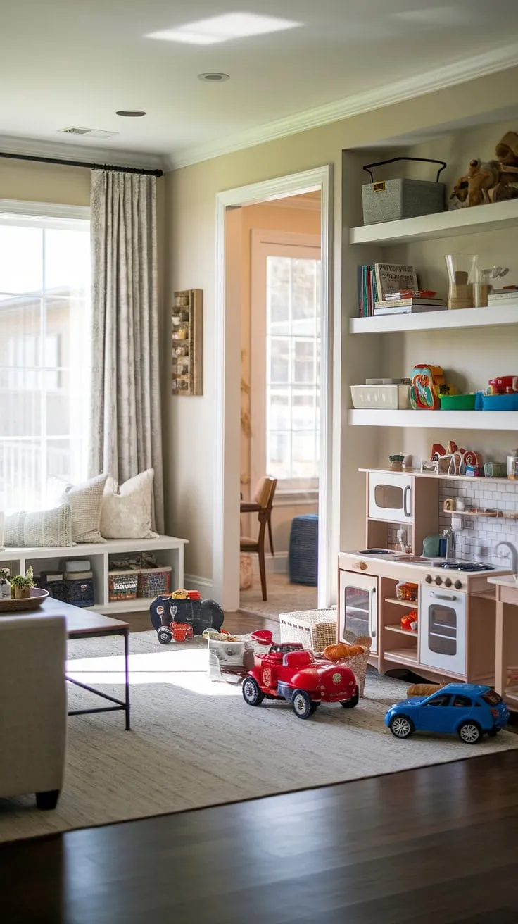 The perfect playroom living room balance! This family room playroom design showcases a thoughtful playroom layout, incorporating a designated play area with a play kitchen and ample toy storage, all within a welcoming family room setting.  The result? A functional and joyful space for the whole family.