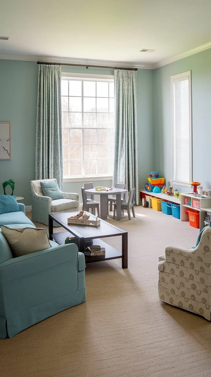 Seamlessly blending family time and playtime, this family room playroom combo boasts a clever playroom layout.  The dedicated playroom area, complete with its own table and chairs and smart living room toy storage, ensures both relaxation and fun coexist beautifully within this thoughtfully designed family room playroom. The play corner is a child's haven, while the rest of the space offers comfortable seating for adults.