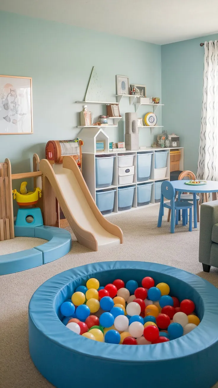 Dreamy family room playroom design! This playroom living room offers the perfect balance of adult relaxation and child-friendly fun.  The thoughtful family room layout incorporates a spacious playroom area with a slide and ball pit, plus a charming play corner.  Clever living room toy storage keeps the space clutter-free, showcasing a truly inspiring playroom living room combo.