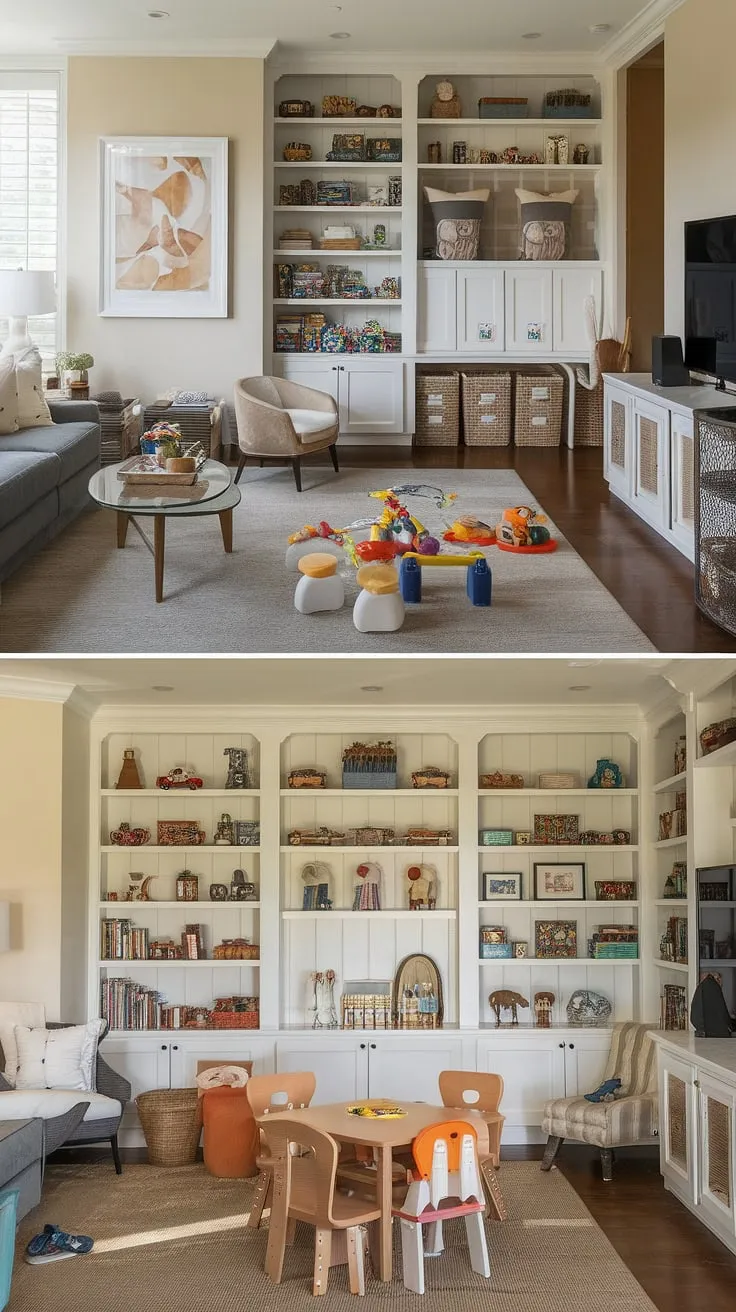 The perfect family room playroom!  This playroom living room design effortlessly integrates a designated playroom area with ample living room toy storage, ensuring both relaxation and fun coexist in this thoughtfully designed family room layout.  The charming play corner completes the picture.