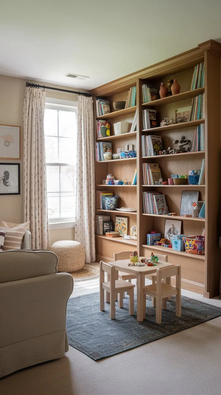 The perfect playroom living room solution! This family room playroom design showcases a fantastic playroom area, complete with a dedicated play corner and smart living room toy storage in a large wooden bookshelf.  The thoughtful family room layout ensures both adults and children have their own space to enjoy, creating a harmonious family room playroom combo.