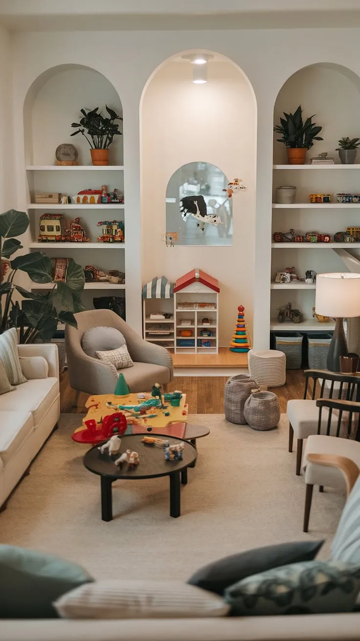 A perfect playroom living room design! This family room layout cleverly integrates a dedicated playroom area, complete with a cozy play corner and smart toy storage solutions.  The inviting ambiance makes it the heart of the home, a space where family time and playtime effortlessly coexist.