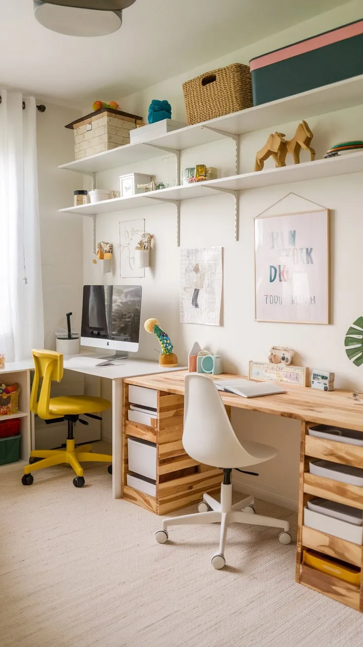 This versatile room seamlessly blends playful learning zones with dedicated homeschooling spaces for kids of all ages, featuring multiple desks and creative DIY elements.