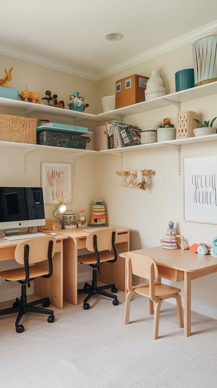 This bright and airy playroom seamlessly blends learning and fun.  The homeschool desk and homeschool computer station provide dedicated spaces for focused study, while the double desk for kids offers a collaborative homework station.  A cleverly designed diy playroom desk and even a toddler study area ensure everyone has their own space.  Plenty of Ikea kids desk ideas were incorporated to maximize functionality and style in this kids desk area, creating the perfect kids playroom with desk.