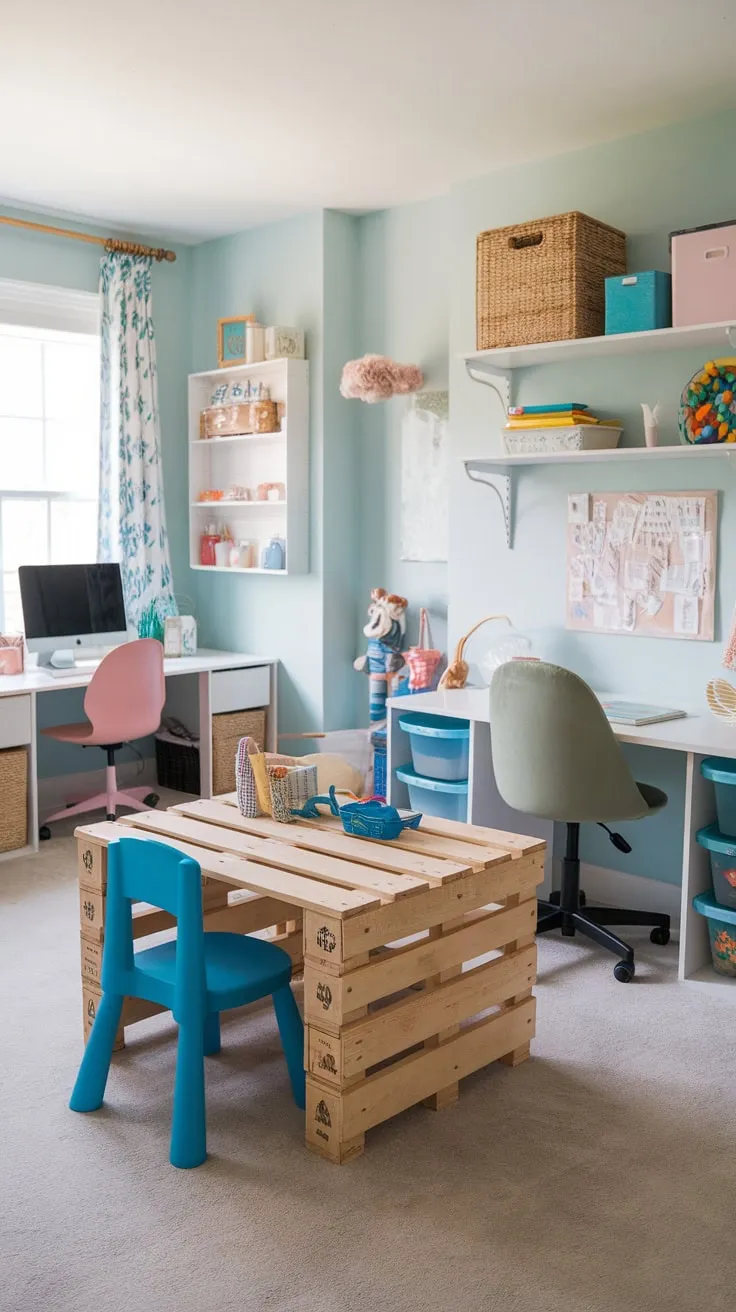 A repurposed playroom now features dedicated learning zones with a DIY pallet desk, two additional desks, and cheerful pops of color, seamlessly blending learning and play.