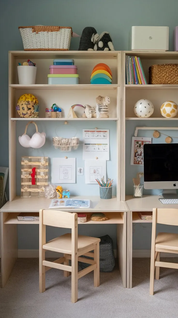 Transform your playroom into a vibrant homeschool room with this inspiring setup.  A thoughtfully designed DIY playroom desk, reminiscent of IKEA kids desk ideas, creates a dedicated homeschool desk and homeschool computer station. The ingenious double desk for kids includes a lower toddler study area, making it the ultimate kids homework station. This kids desk area is a testament to creative, functional design within a kids playroom with desk.