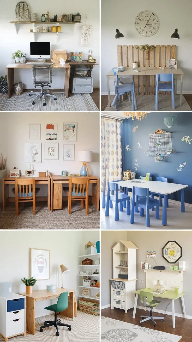 This playroom homeschool room seamlessly blends learning and play.  A dedicated homeschool desk with a computer station sits alongside a double desk for kids, perfect for collaborative projects.  The kids homework station, complete with a lamp and basket, encourages focused study, while a DIY playroom desk crafted from a wooden pallet adds a unique touch.  Ikea kids desk ideas are brought to life with a white table and blue chairs, creating a cheerful toddler study area.  Other kids desk areas, including one with a green chair, cater to different ages and learning styles, making this kids playroom with desk the ultimate learning haven.