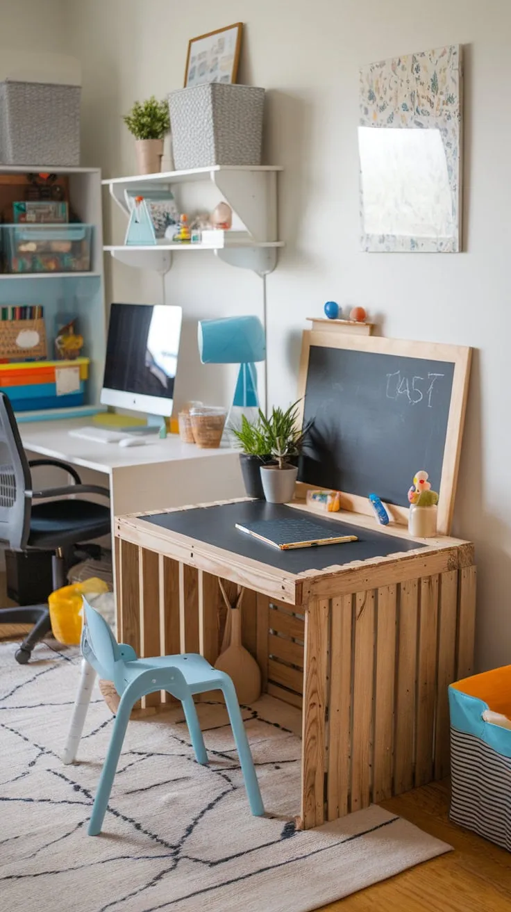 A cozy playroom seamlessly integrates a creative homeschooling space featuring a repurposed crate desk and dedicated computer station.