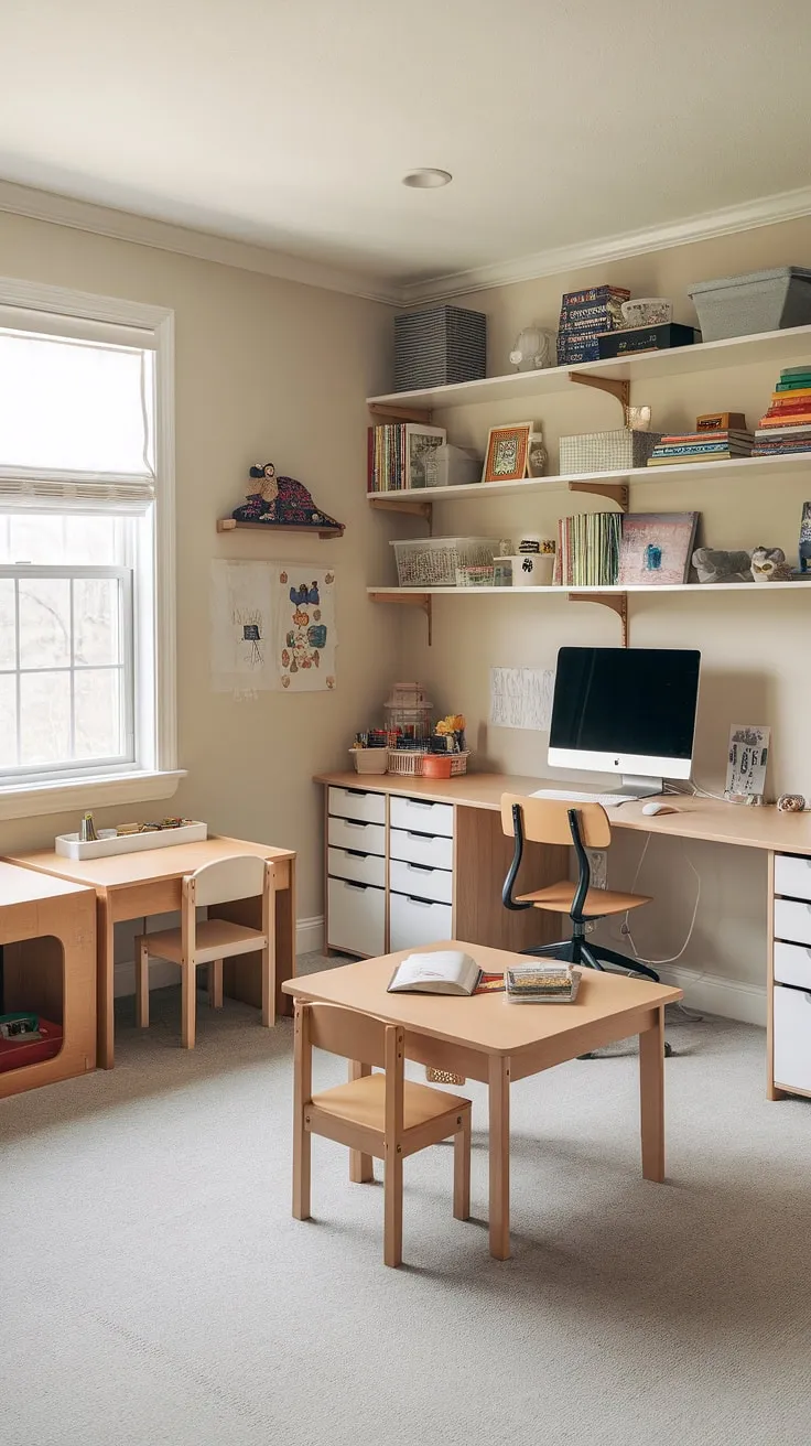 Sunlight streams into this inspiring homeschool room, once a vibrant playroom.  A custom homeschool desk anchors the space, alongside a double desk for kids, creating the ideal kids homework station.  The addition of a toddler study area completes the transformation, showcasing practical and stylish Ikea kids desk ideas and a DIY playroom desk solution.