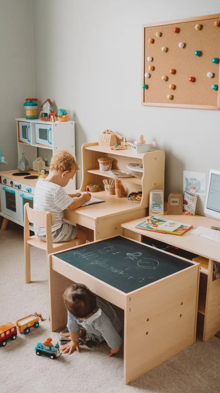 This playful homeschool room blends learning and fun, featuring a double desk for homework and playtime, a DIY chalkboard desk, and a variety of toys.