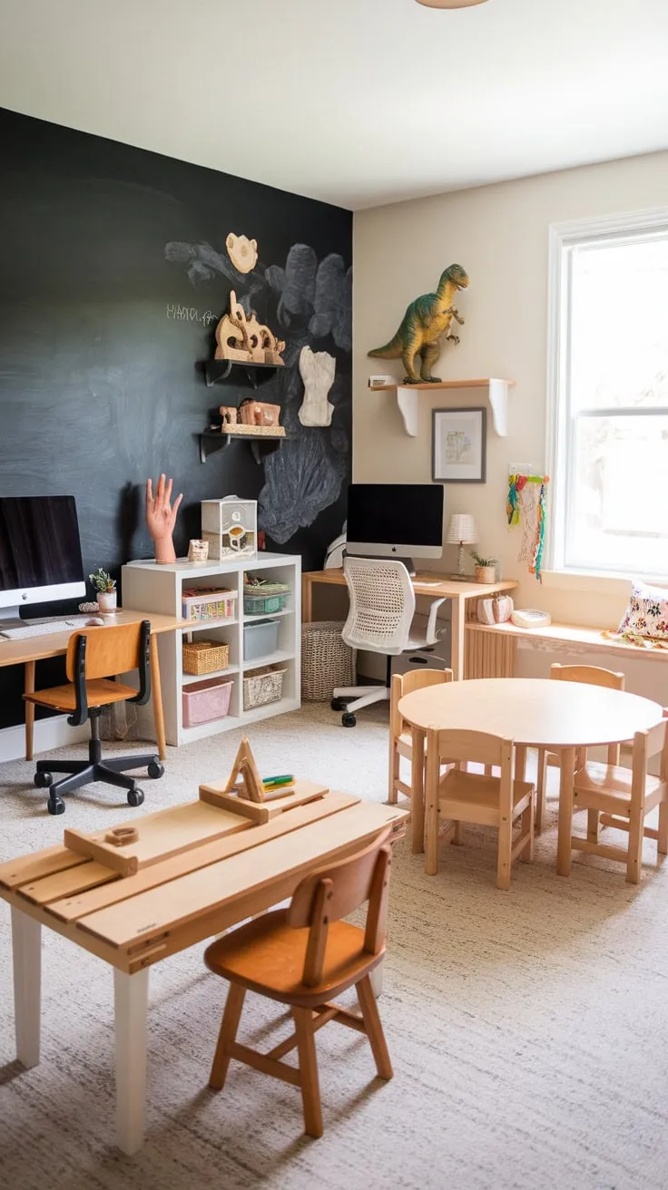 This converted playroom boasts diverse learning zones for all ages, from toddler tables to a DIY double desk, creating a dynamic and engaging homeschool environment.