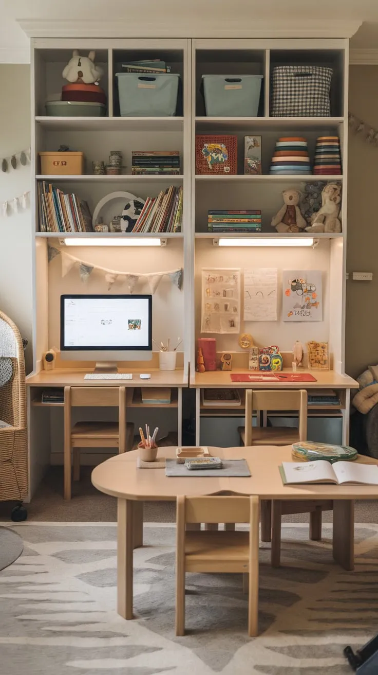 This inviting playroom integrates a homeschooling setup, featuring individual and shared desks, toddler-friendly areas, and ample educational resources in a warm and playful environment.