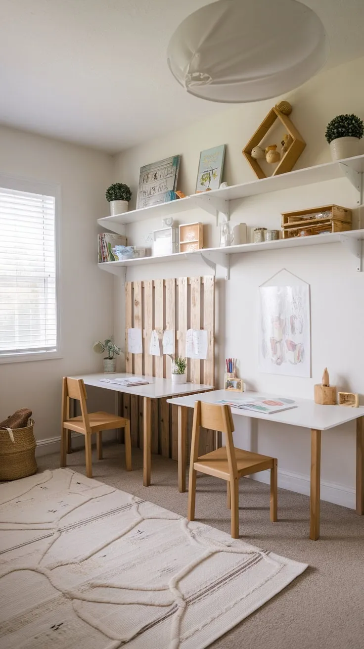 This versatile playroom seamlessly integrates multiple learning zones with various desks and chairs for kids of all ages, fostering both play and focused study.