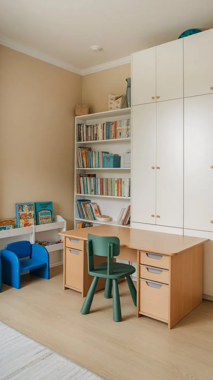 A bright playroom seamlessly integrates homeschooling with a large desk, child-sized seating, and ample storage for books and supplies