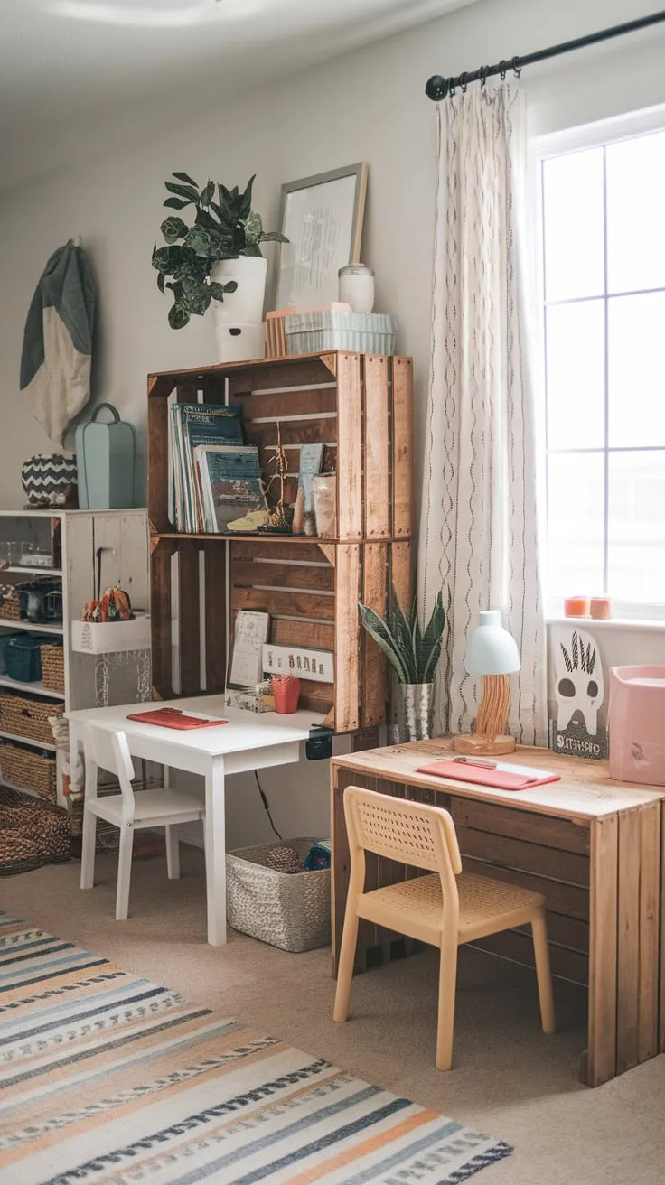 This kid-friendly playroom integrates a creative homeschool setup with a charming double desk and playful decor, fostering both learning and imaginative play.