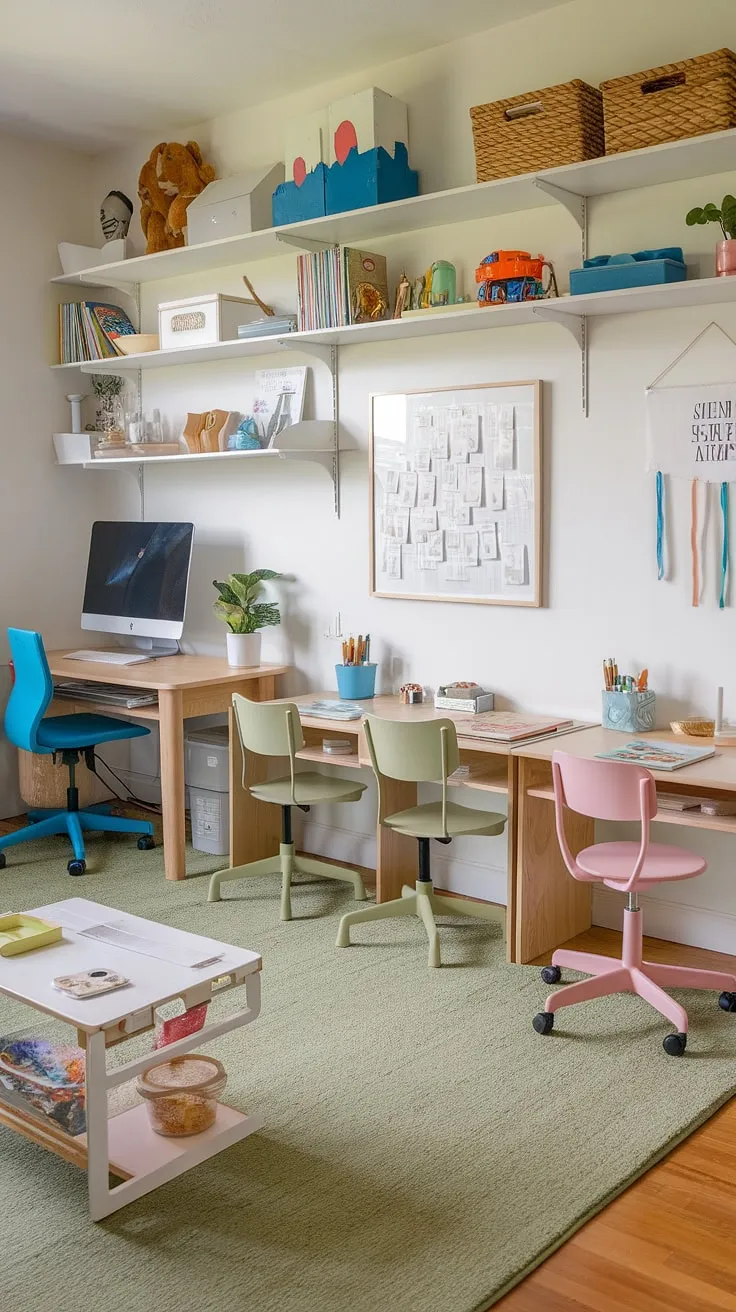 This kids playroom with desk is a parent's dream!  A designated homeschool room, complete with a homeschool desk, homeschool computer station, and a double desk for kids, ensures focused learning.  The kids homework station and DIY playroom desk add playful touches, while the green rug and colorful chairs create a welcoming atmosphere.  Clever storage and IKEA kids desk ideas maximize space, making this toddler study area and kids desk area both functional and fun.
