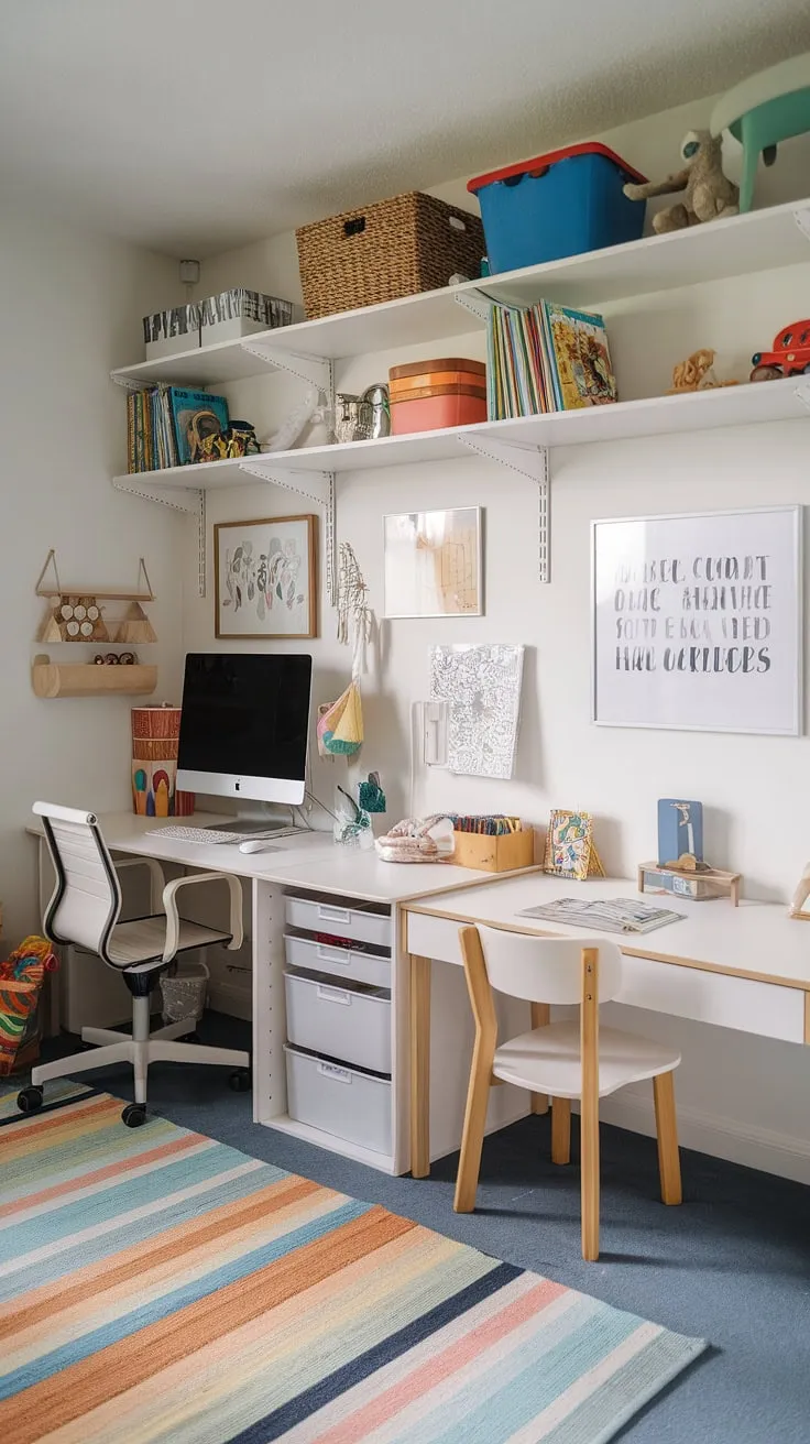 This thoughtfully designed kids playroom with desk transforms learning into an adventure.  A homeschool desk with a homeschool computer station sits alongside a charming DIY playroom desk, perfect for imaginative projects.  The clever use of space includes a double desk for kids, an IKEA kids desk, and a dedicated toddler study area.  Organized shelves in the kids homework station keep everything within reach, creating a fun and functional learning environment.