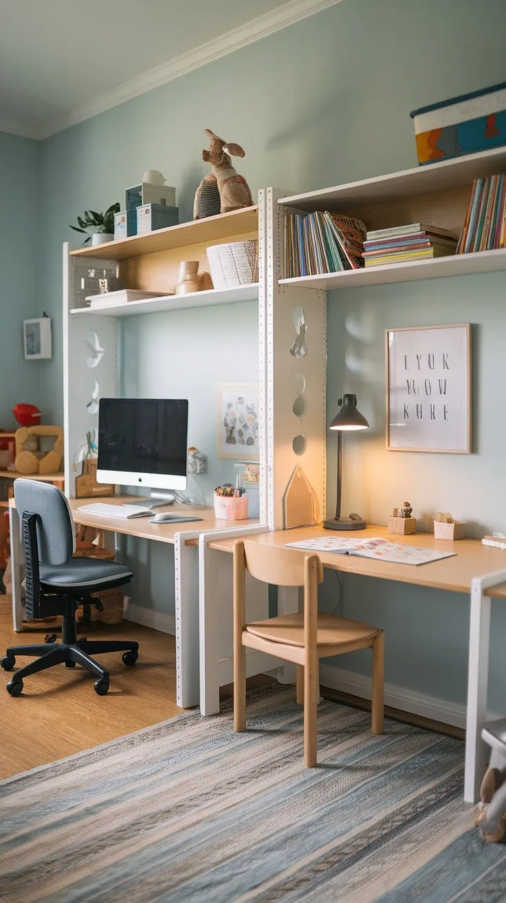 This dreamy playroom homeschool room seamlessly blends learning and play!  The IKEA double desk for kids provides the perfect setup, with a dedicated homeschool computer station on one side and a cozy homeschool desk and kids homework station on the other.  Clever use of space creates a functional toddler study area and a delightful kids desk area, proving that a kids playroom with desk can be both stylish and practical.  This DIY playroom desk hack is pure inspiration for ikea kids desk ideas.