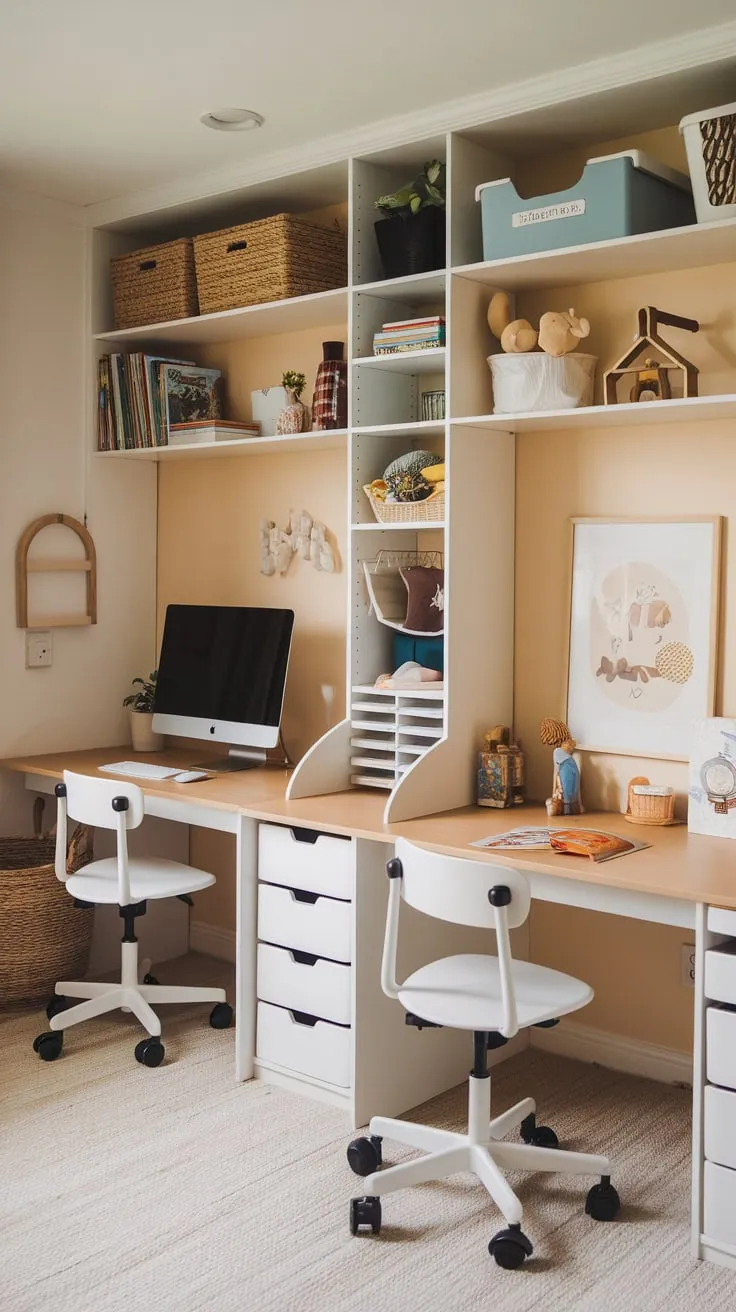 A warm, organized playroom seamlessly integrates a functional homeschooling space with multiple age-appropriate learning areas.