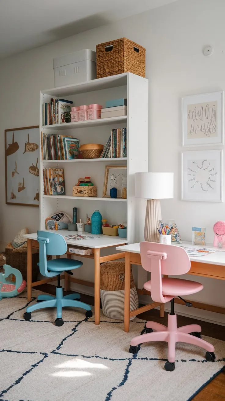 This playful space cleverly combines learning and leisure with a dedicated homeschool area within a fun-filled playroom.