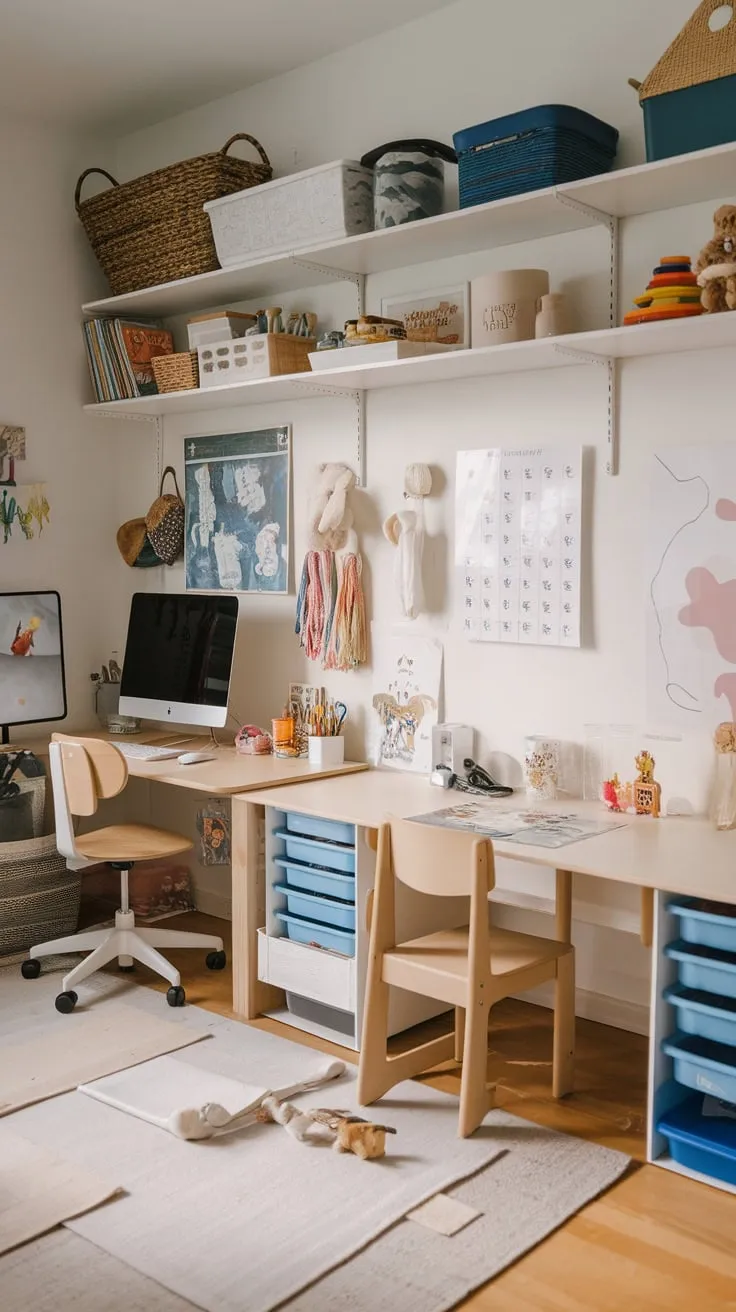 This vibrant playroom seamlessly integrates a fully equipped homeschooling space with multiple learning areas for children of all ages.