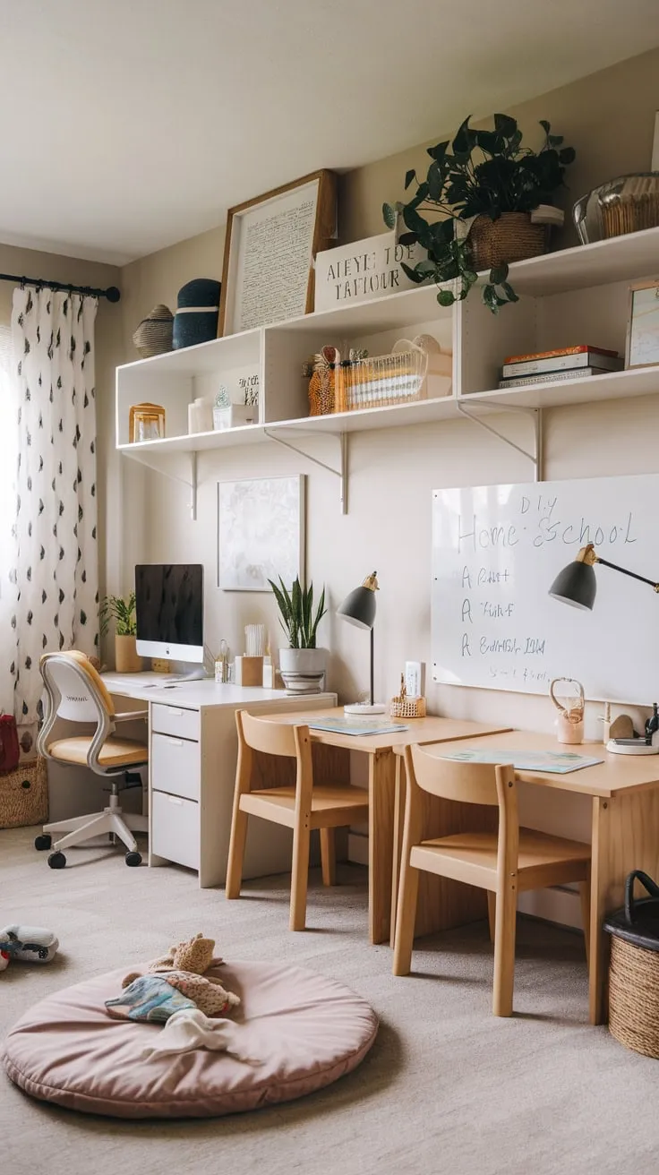 Transform your playroom into a vibrant homeschool haven with diverse learning spaces, from toddler cushions to a dedicated computer station, all in a warm and inviting atmosphere.