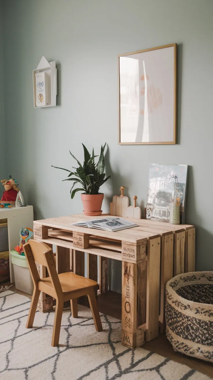 A repurposed pallet creates a unique and functional desk in a playful, light blue homeschool/playroom.