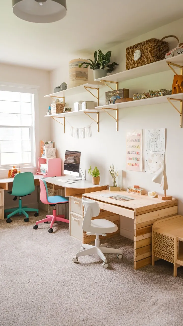 A versatile playroom transformed into a vibrant homeschool haven boasts multiple age-appropriate learning stations, each with its own colorful chair and custom-built desks.