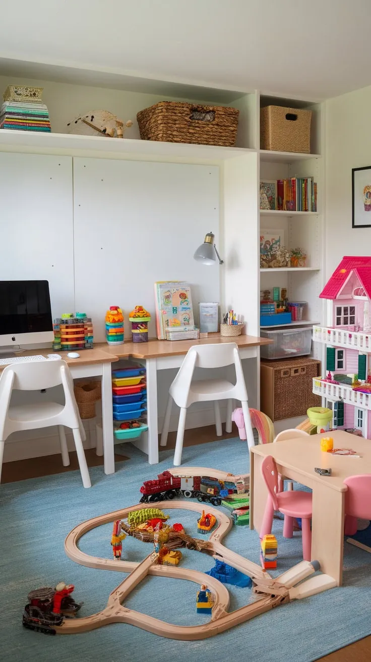 A vibrant playroom seamlessly integrates a homeschooling space with a double desk, computer station, and toddler study area, fostering learning and play.