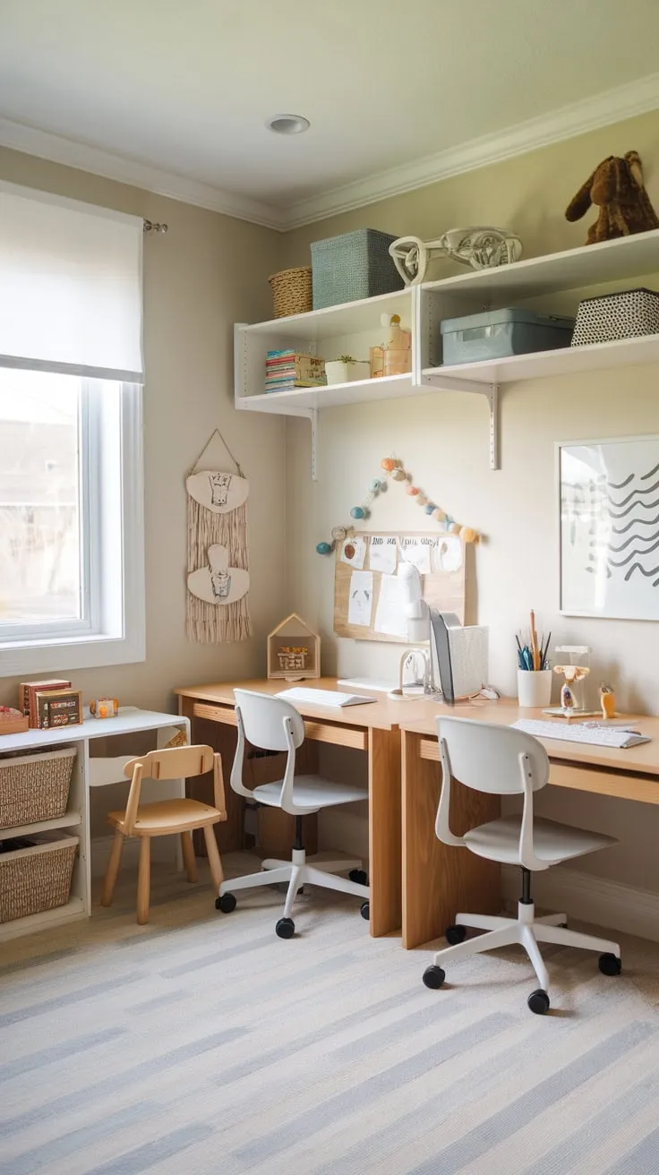 A thoughtfully designed space combines a functional homeschool environment with a playful area, featuring various desks and a dedicated playroom for kids of all ages.