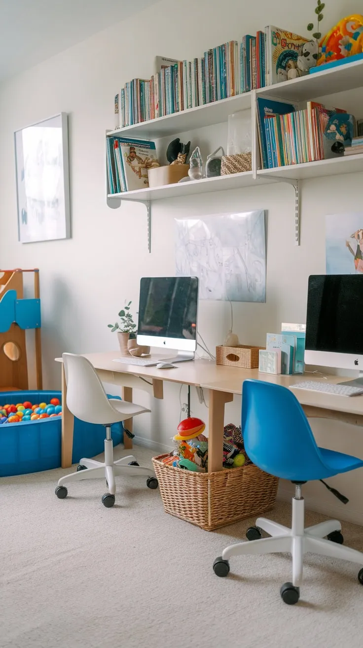 A fun and functional playroom features a homeschool area complete with desks, computer station, and shelves, all overlooking a lively play space with a slide and ball pit.