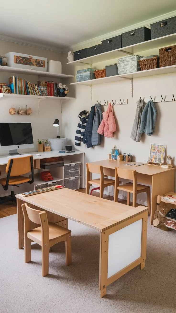 A thoughtfully designed homeschool room integrates play and learning with multiple desks, a custom whiteboard desk, abundant storage, and a dedicated toddler learning zone.