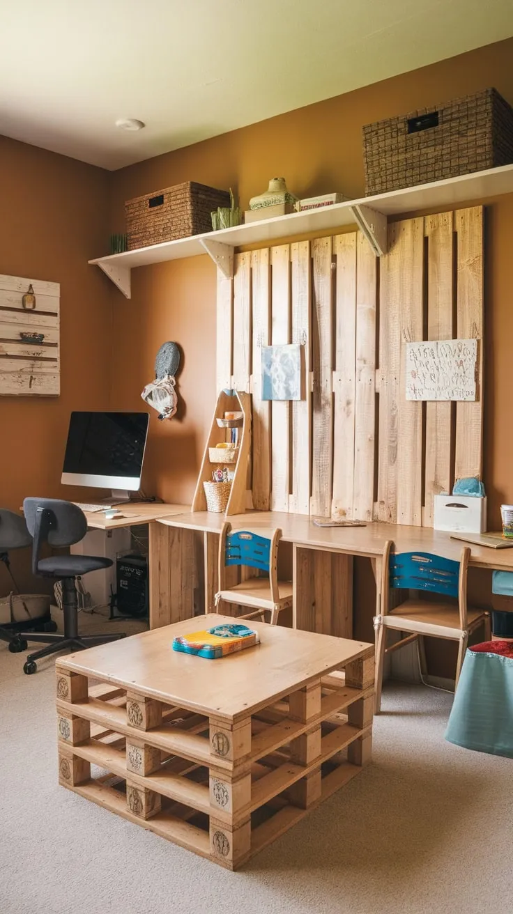 A warm, inviting playroom-homeschool room boasts multiple learning stations including a DIY pallet desk, ensuring comfortable and organized learning and play.