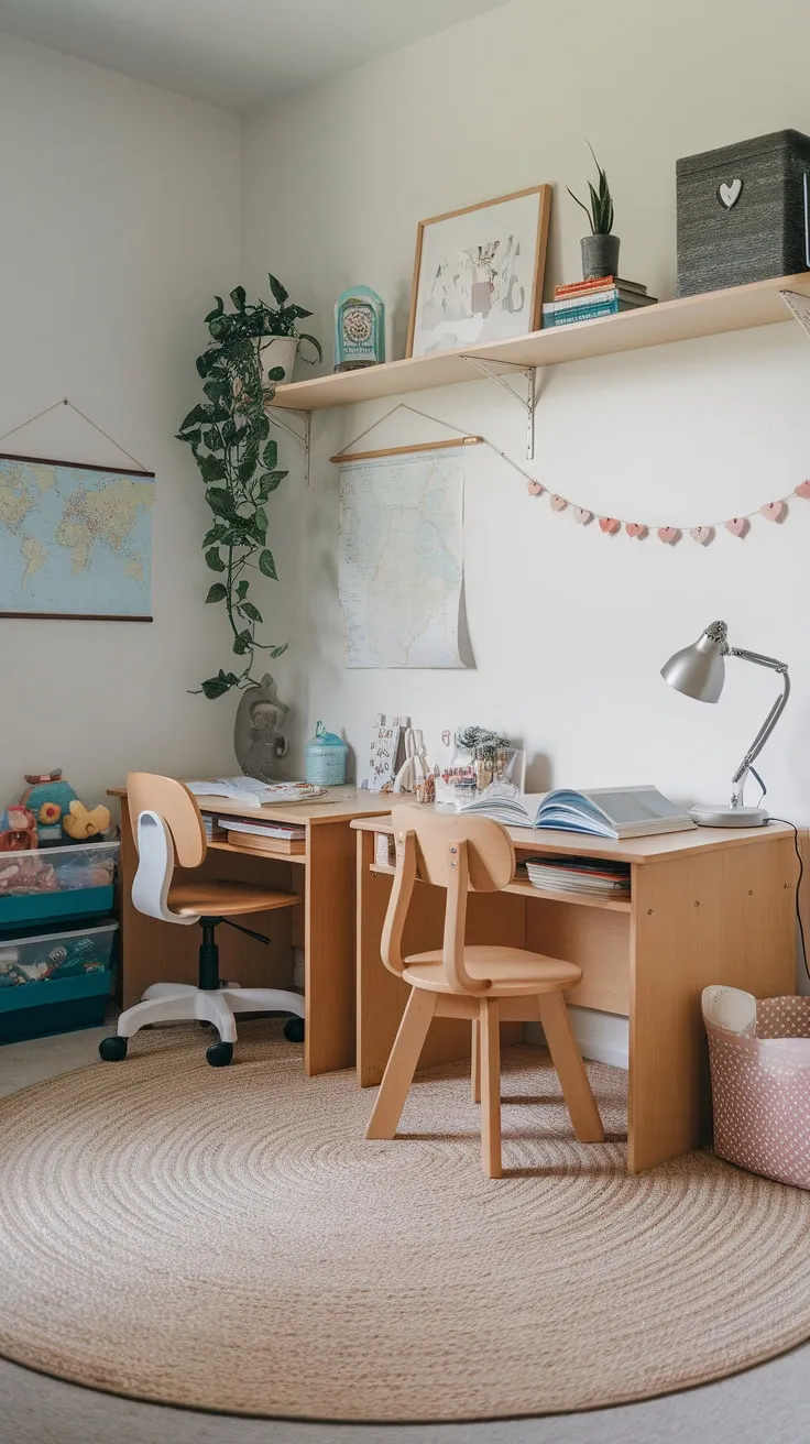 A vibrant playroom seamlessly integrates a functional homeschooling space with a dedicated computer station and ample storage, fostering both learning and play.