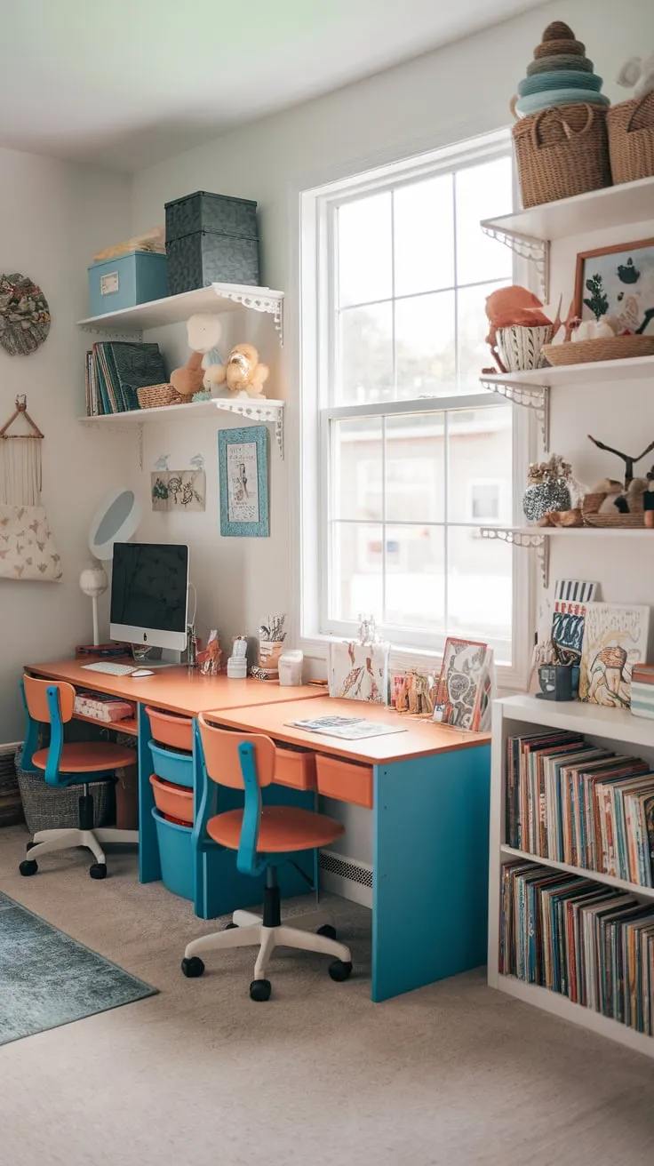 A dedicated homeschooling area within a playful room features dual desks near a window, a computer station, and toy-filled shelves creating a fun and functional learning environment.
