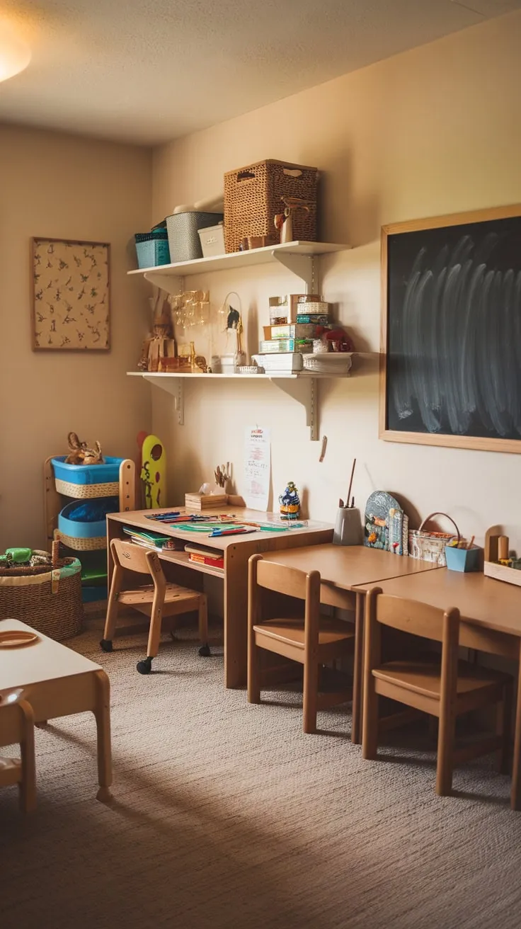 A cozy playroom features dedicated homeschooling spaces including toddler and kids' desks and a chalkboard, all surrounded by playful toys and educational resources.