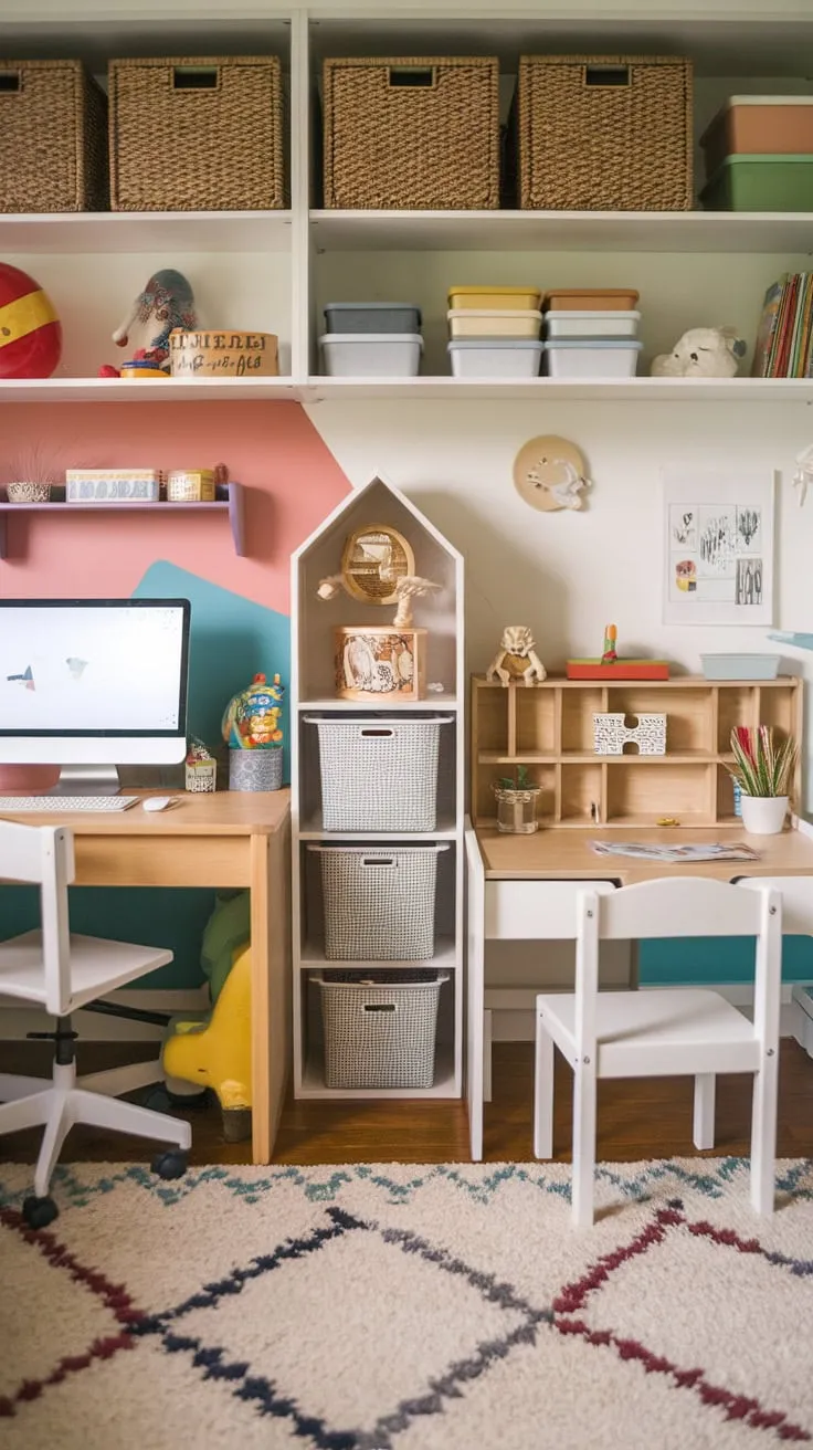 A vibrant playroom-themed homeschool room seamlessly blends learning and fun with dedicated workspaces for kids of all ages, fostering a joyful educational environment.