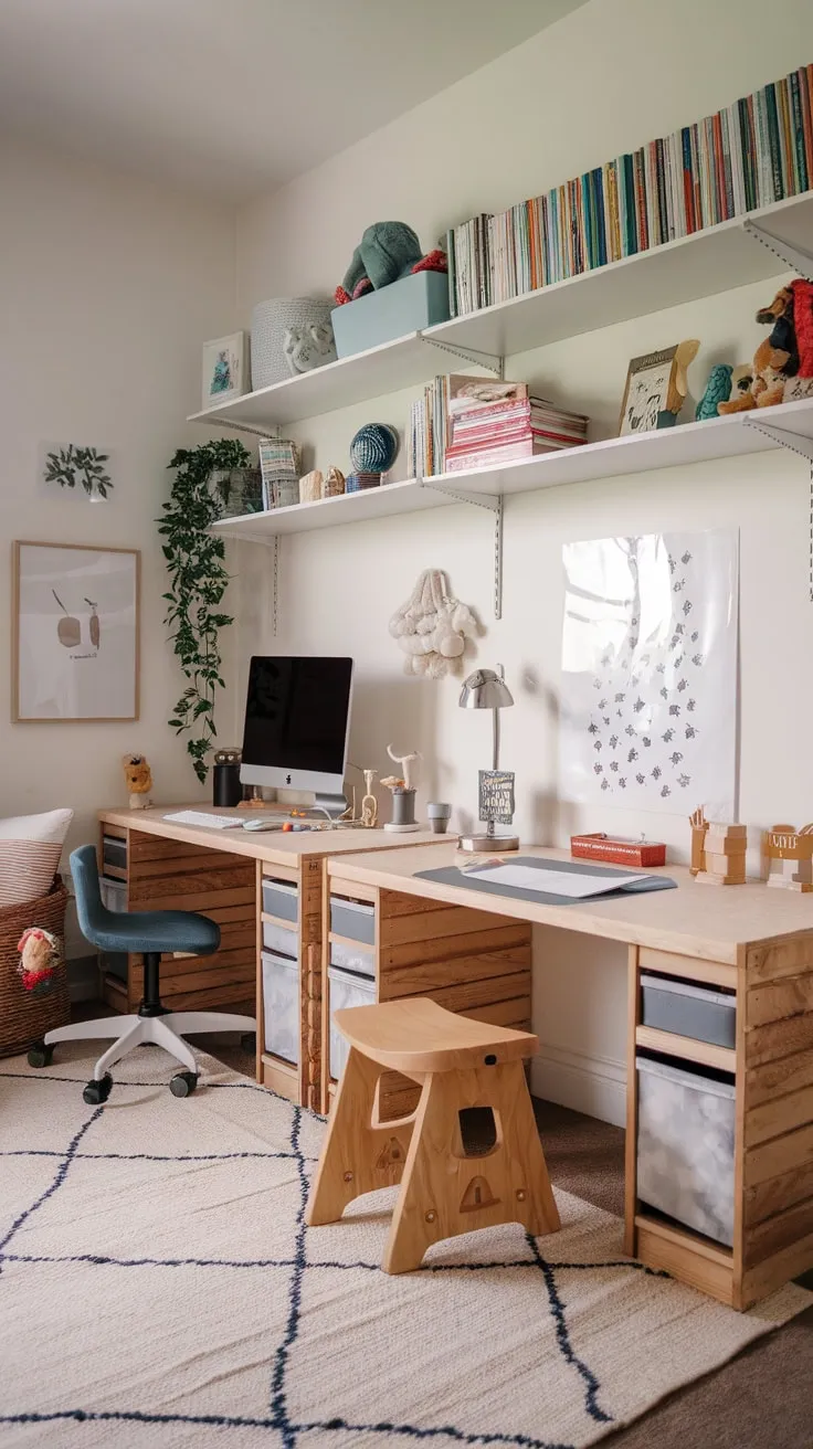 A transformed playroom now boasts a dedicated homeschool area with a dual-desk setup, creative storage, and thoughtfully integrated play elements.