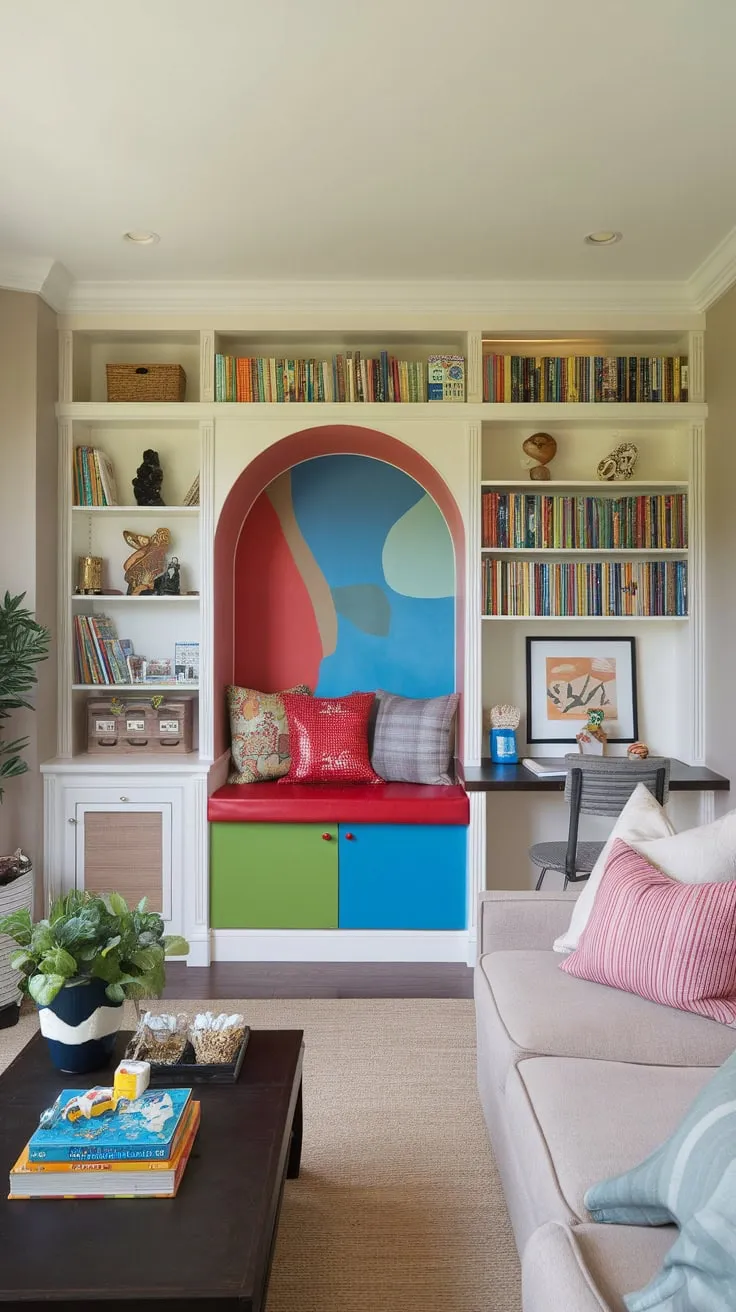 A beige-walled living room seamlessly blends comfort with playful learning, featuring a colorful play area, reading nook, built-ins, library, and dedicated desk alongside a sofa and coffee table.
