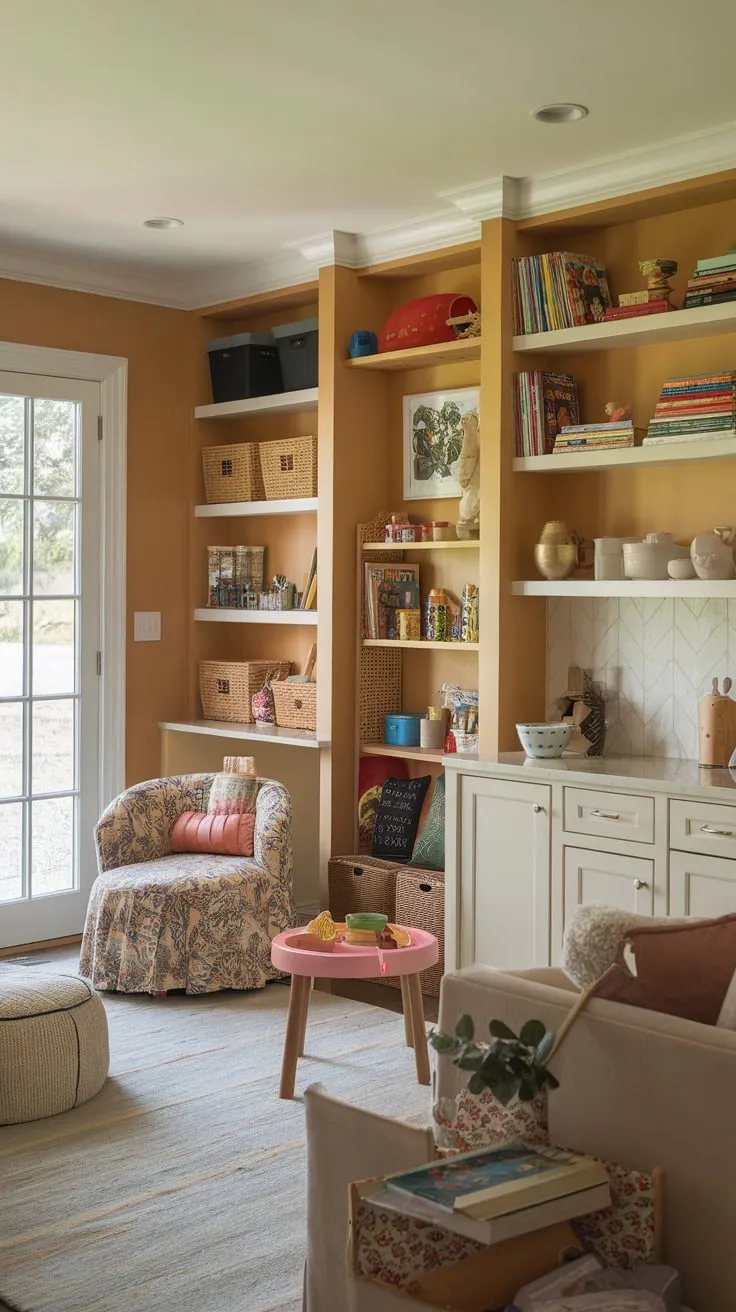 A combined playroom and living room offers built-in storage, a dedicated reading area, and a small kitchen, creating a warm and functional family space with exterior access.