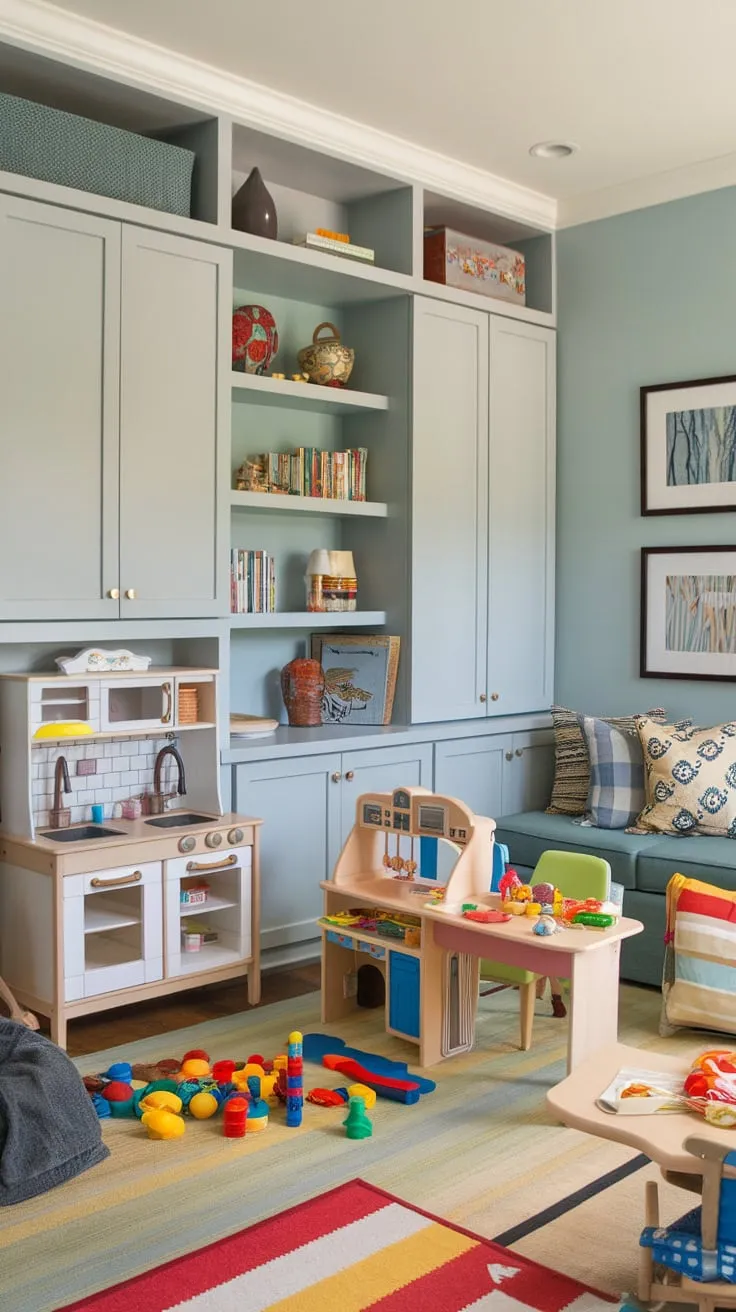 A light blue haven seamlessly blends living room comfort with a playful child's space, complete with built-in storage and dedicated areas for learning and creativity