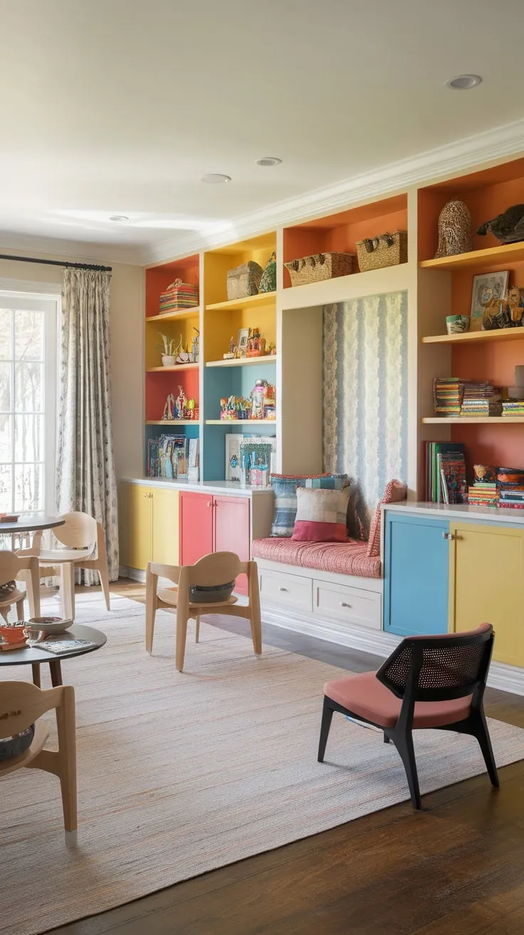 A multifunctional room seamlessly blends play and living areas, offering built-in storage, a dedicated reading nook, and flexible furniture for a dynamic family space.