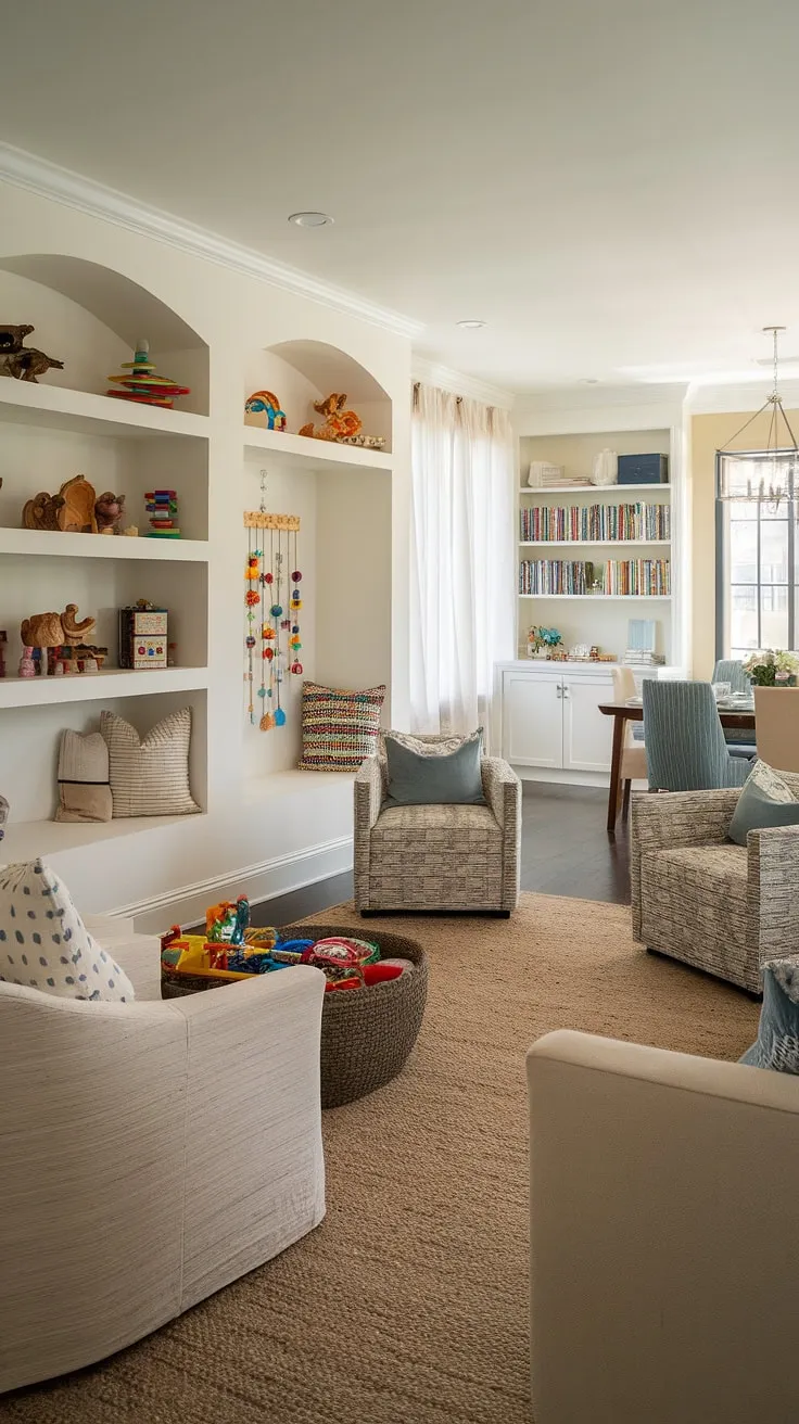 This playroom living room combo is the ultimate family hub!  Clever built-ins maximize space in this small playroom design, creating a dedicated kids reading nook and a colorful playroom for imaginative fun. The home office and playroom combo seamlessly blends work and play, while the dining room playroom combo makes mealtimes less stressful.  Plenty of playroom inspiration for kids here, from the small kids play area to the library playroom feel.