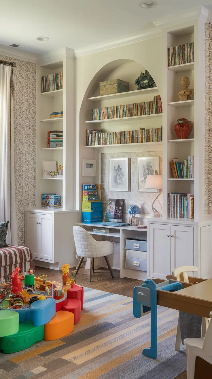 Dreamy and functional, this home office and playroom combo showcases smart small playroom design.  The vibrant colorful playroom ideas create a stimulating environment for little ones, while built-in shelves provide ample storage. A cozy kids reading nook and dedicated desk area complete this versatile space, making it the perfect library playroom and playroom inspiration for kids.  This innovative dining room playroom combo proves that even small spaces can be maximized for family life.