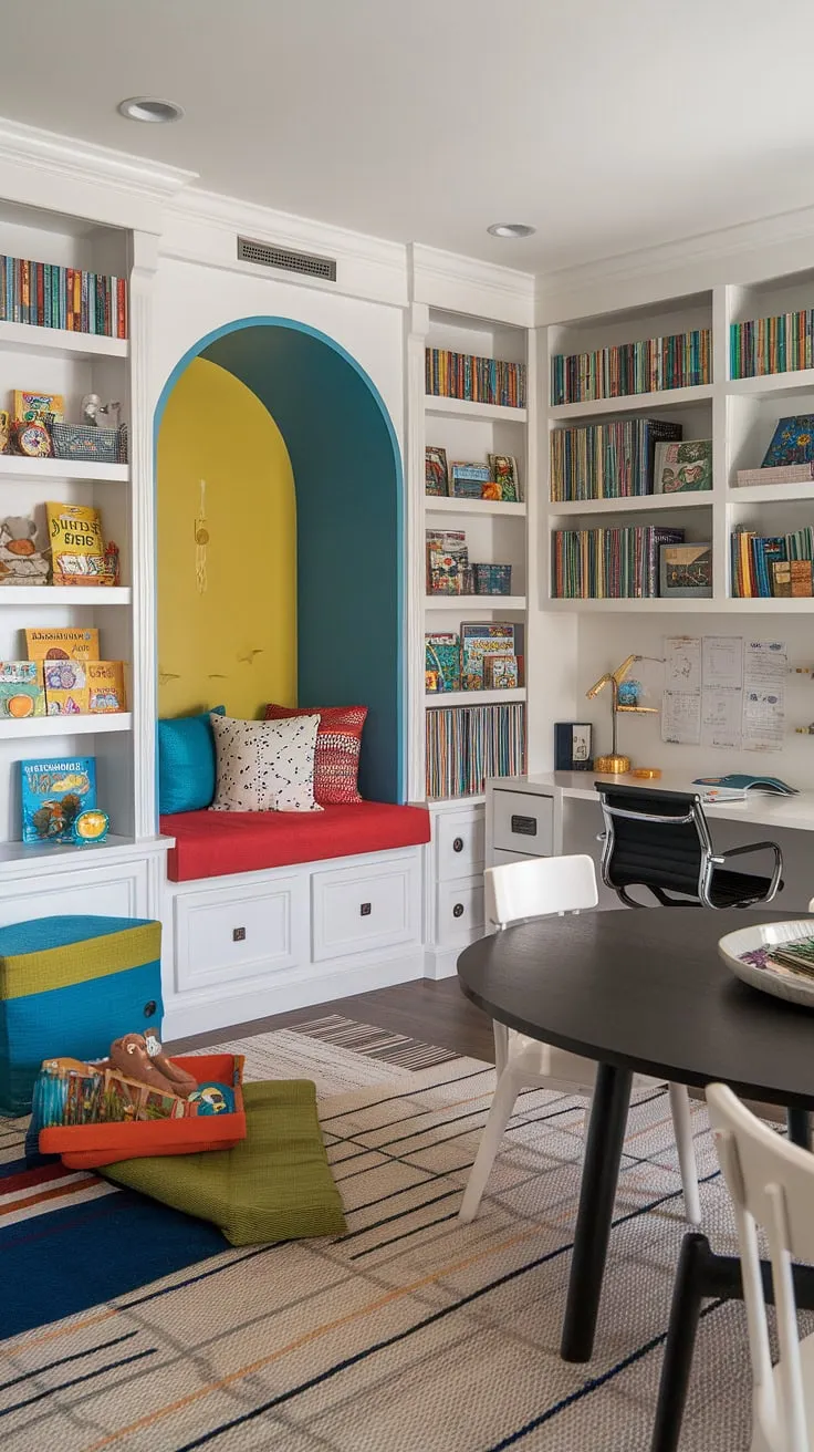 This playroom living room combo seamlessly blends function and fun.  The small kids play area, complete with playroom built-ins and a charming kids reading nook, feels like a library playroom, offering endless playroom inspiration for kids.  The home office and playroom combo, along with the integrated dining room playroom combo, makes this small playroom design incredibly efficient and stylish, showcasing colorful playroom ideas in a space-saving way.